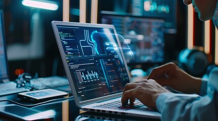 Data scientists Man programmer using laptop analyzing and development at various information on futuristic virtual interface screen Algorithm marketing and deep learning of artificial  : Generative AI