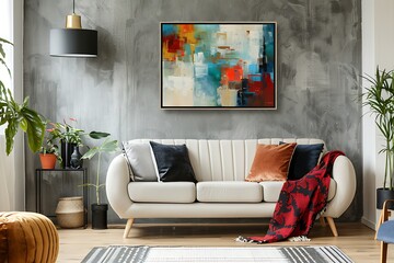Frame mockup with an impressionist-style painting, bringing a splash of color to a neutral-toned living room.