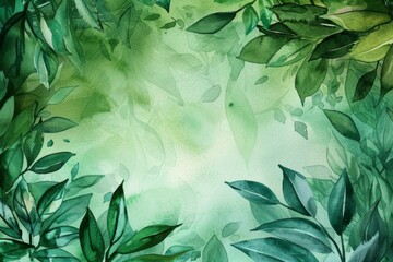 This is a watercolor artwork depicting green leaves against a green backdrop