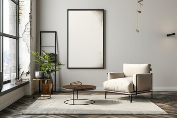 Frame mockup with an optical illusion art piece, adding a conversation starter to a contemporary living room.