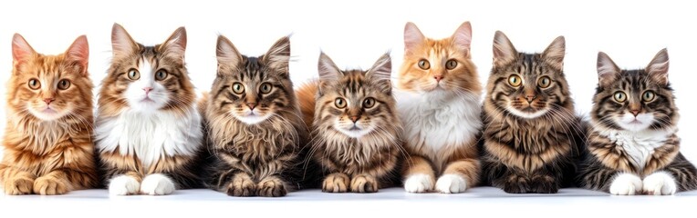 Crazy Cat Collection: Funny, Cute, and Crazy Cats Lying, Jumping, Standing, and Sitting on White Background for Pet Lovers - Panoramic Banner