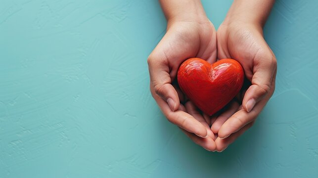 Top view of both hands holding red hearts on a blue background, as a symbol of care and compassion. Template design with copy space for add text.