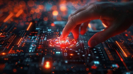 The backdrop of modern technology. Hand pressing a button on a touchscreen interface. Generative Ai.