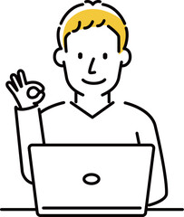 定番　伝わる 人物イラスト　ノーPCの前でOKポーズ　20代