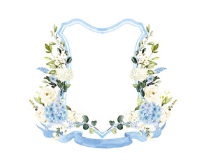 Blue White Hydrangea Watercolor Flowers Wedding Crest template PNG. Wedding Design
