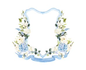 Blue White Hydrangea Watercolor Flowers Wedding Crest template PNG. Wedding Design