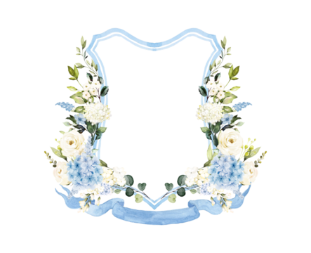 Blue White Hydrangea Watercolor Flowers Wedding Crest template PNG. Wedding Design