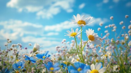 Morning Bliss: Delightful Meadow with Chamomile and Wild Peas Against Blue Sky and Clouds - Close-Up Macro Wide Format Nature Landscape