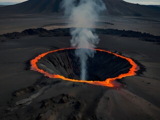 Volcanic mountain with a smoking crater and lava flows, barren landscape, dramatic scenery, geological wonder, generative AI