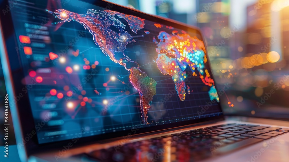 Poster digital map on the laptop screen. the focus is on highlighting details like data points glowing from