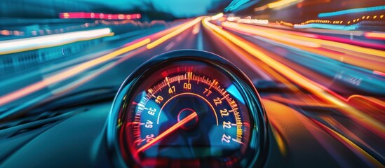 Speedometer scoring high speed in a fast motion blur racetrack background. Speeding Car Background