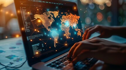 Digital map on the laptop screen. The focus is on highlighting details like data points glowing from different parts of world map, representing global network or connectivity concept. 