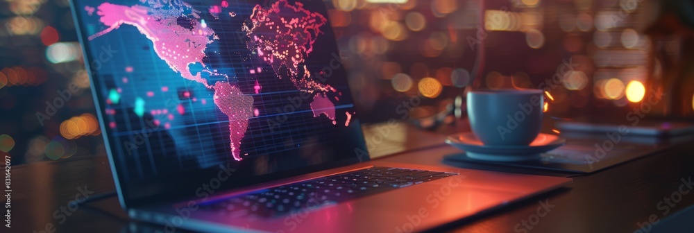 Poster digital map on the laptop screen. the focus is on highlighting details like data points glowing from