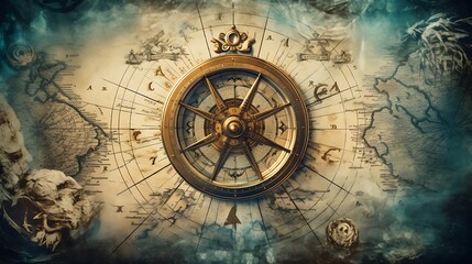 Vlies Fototapete Old sea compass, lighthouse and sea knot on abstract map background. Pirate, explorer, travel and nautical theme grunge background. Retro style 