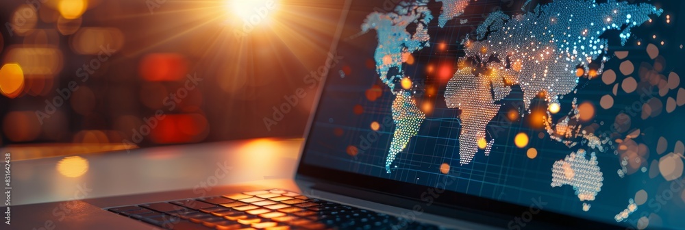 Poster digital map on the laptop screen. the focus is on highlighting details like data points glowing from