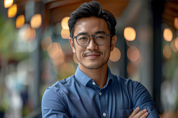 Confident Young Asian Man with Glasses in a Blue Shirt Smiling Outdoors with Bokeh Lights
