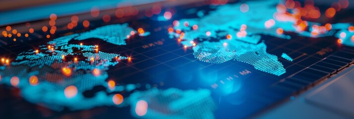 Obraz premium Digital map on the laptop screen. The focus is on highlighting details like data points glowing from different parts of world map, representing global network or connectivity concept.
