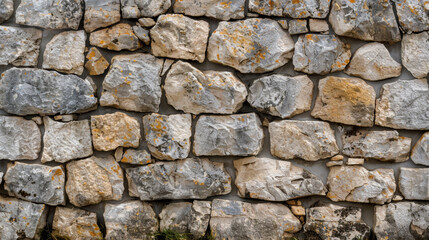 Photo of Stone Wall with Large Rough Rocks and Rectangular Stones in Unglazed Pattern, Perfect for Industrial or Historical Design Backgrounds, Web Banner with Empty Space for Text or Advertisement