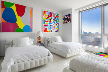 Modern bedroom with two sleek beds, crisp white bedding, bold colorful art on walls, and a floor-to-ceiling window filling the room with white light.