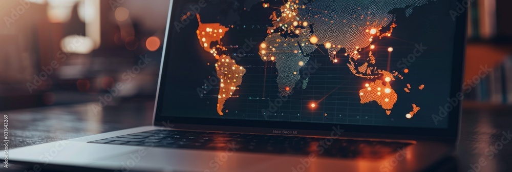 Poster digital map on the laptop screen. the focus is on highlighting details like data points glowing from
