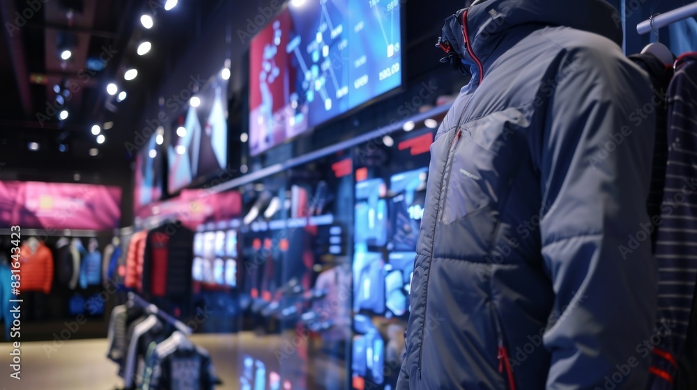 Poster a hightech sports store with sensors and heat maps to track customer interest and behavior in differ