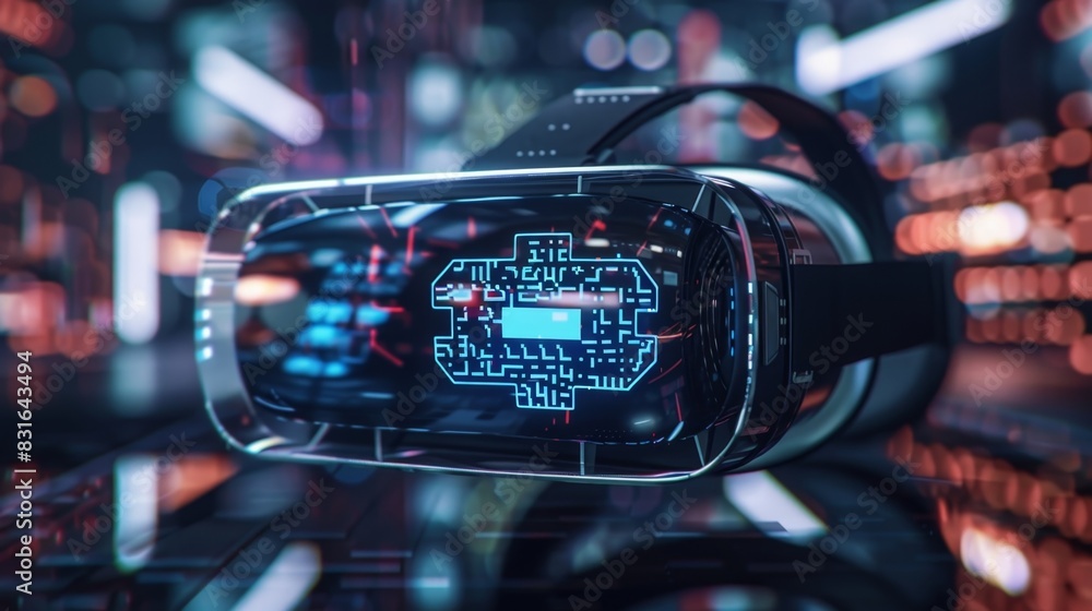 Poster a virtual reality headset with blockchain powered written on the s showcasing the utilization of blo