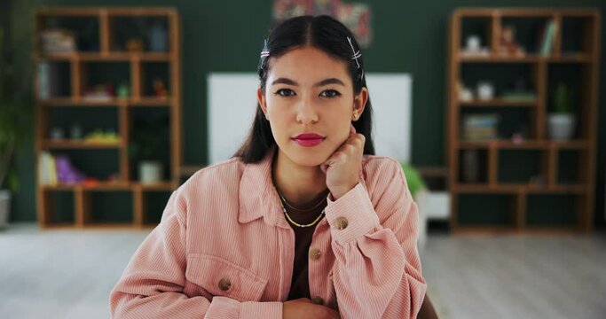 Portrait, student and girl thinking in home with stress for learning, education or eye roll in Dubai. Face, college and tired bored woman, serious and depression for studying for scholarship exam