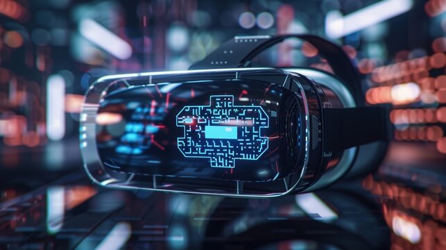 A virtual reality headset with Blockchain powered written on the s showcasing the utilization of blockchain technology in immersive content creation.