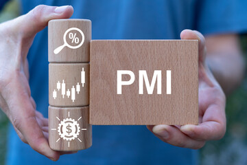 Man holding wooden cubes sees abbreviation: PMI. Concept of PMI - Purchasing Managers Indexes. Business, manufacturing and service sector economic outlook index. PMI Private Mortgage Insurance.