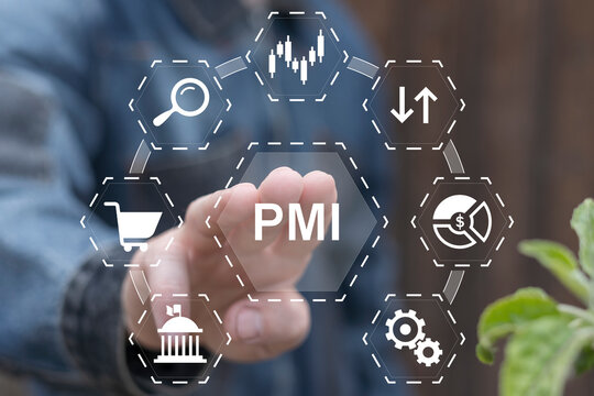 Man working on virtual touch screen presses abbreviation: PMI. Concept of PMI - Purchasing Managers Indexes. Manufacturing and Service Sector Economic Outlook Index. PMI Project Management Institute.
