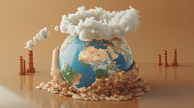 A conceptual image of a giant hand stirring a pot with the Earth boiling inside, set against a backdrop of industrial smokestacks emitting smoke