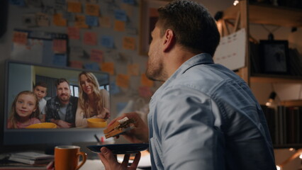 Home guy communicating web cam with friends closeup. Smiling happy people waving