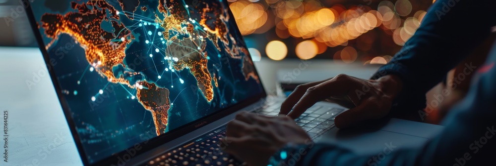 Poster digital map on the laptop screen. the focus is on highlighting details like data points glowing from