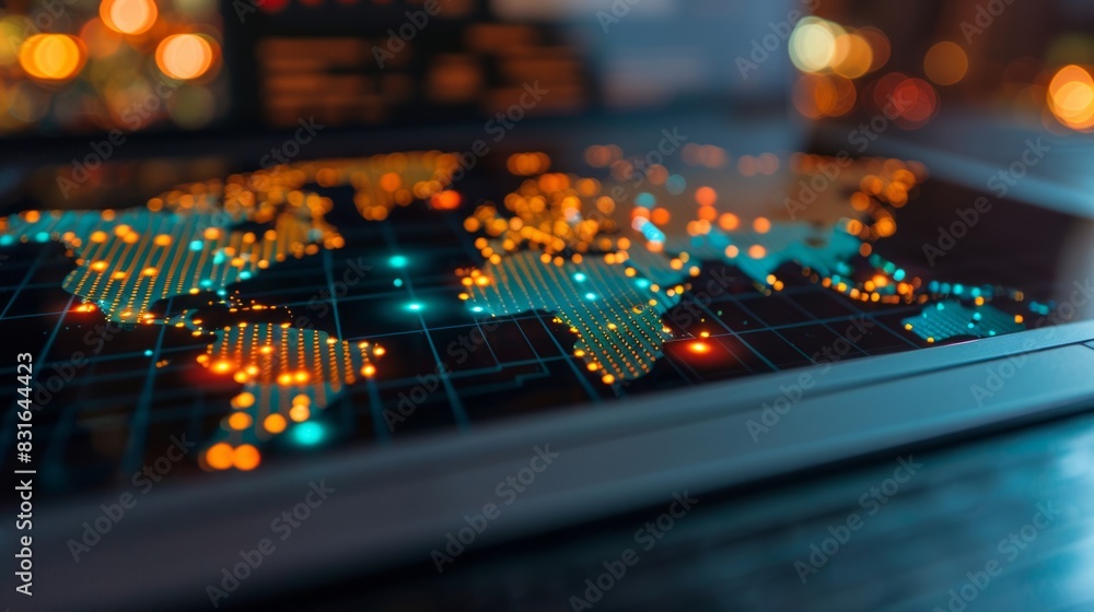 Poster digital map on the laptop screen. the focus is on highlighting details like data points glowing from