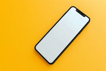 A frameless smartphone mockup with a white screen, positioned diagonally from a top-down view, isolated on a solid yellow background,