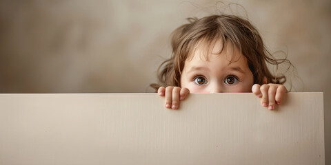 a cute little girl peeking over the edge of an empty white board, generative AI