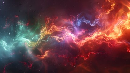 A dynamic abstract scene with a burst of colorful shapes and smoke, featuring intricate patterns in red, green, and blue, captured with a high-definition realistic look