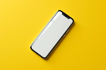 A frameless smartphone mockup with a white screen, positioned at a diagonal angle, isolated on a solid yellow background,