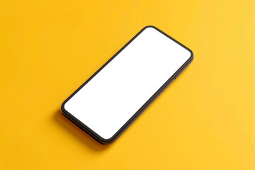 A frameless smartphone mockup with a white screen, tilted slightly to the left, isolated on a solid yellow background,