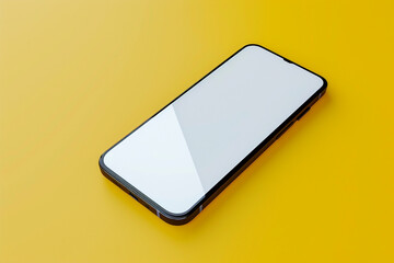 A frameless smartphone mockup with a white screen, rotated slightly to showcase its sleek design, solid yellow background,