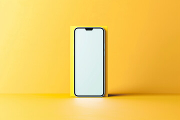 A frameless smartphone mockup with a white screen, showcased in a minimalist style, solid yellow background,