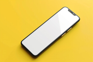 A frameless smartphone mockup with a white screen, positioned at a diagonal angle, isolated on a solid yellow background,