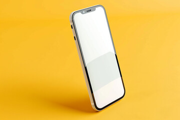 A frameless smartphone mockup with a white screen, positioned upright with a slight shadow, solid yellow background,