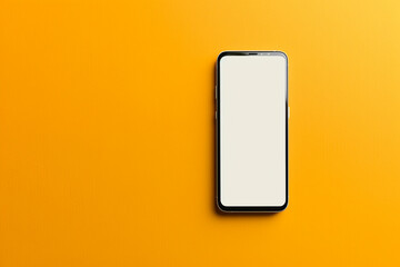 A frameless smartphone mockup with a white screen, placed flat with a soft shadow, solid yellow background,