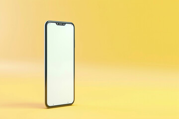 A futuristic frameless smartphone mockup with a white screen, positioned vertically, solid yellow background,