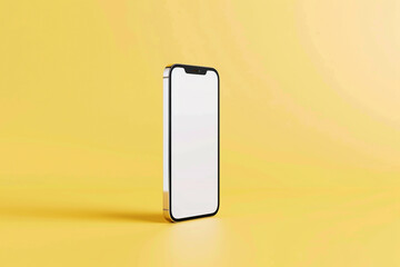 A minimalistic frameless smartphone mockup with a white screen, standing upright, solid yellow background,