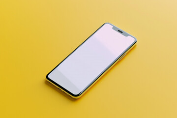A sleek frameless smartphone mockup with a white screen, angled slightly to the left, isolated on a solid yellow background,