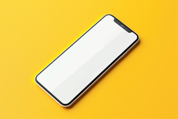 Frameless smartphone mockup with a white screen, lying flat with a shadow effect, solid yellow background,