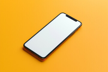 Frameless smartphone mockup with a white screen, lying flat with a slight angle, isolated on a solid yellow background,