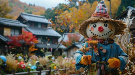 A cozy mountain village in Japan, where scarecrows dressed as villagers, students, and workers are scattered around, creating a unique atmosphere for the Nagoro Scarecrow Festival.